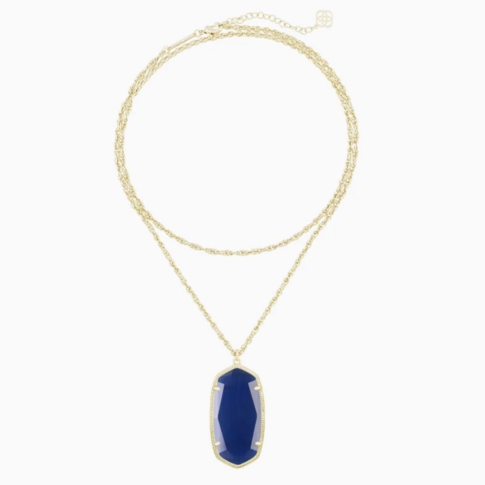 Kendra Scott Rae Necklace, Long Adjustable Oval Pendant, Navy Cat's Eye & Gold